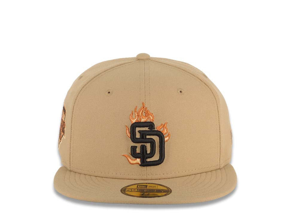 San Diego Padres New Era MLB 59FIFTY 5950 Fitted Cap Hat Khaki Crown/Visor Black Fire/Flame Logo 1992 All-Star Game Side Patch Gray UV