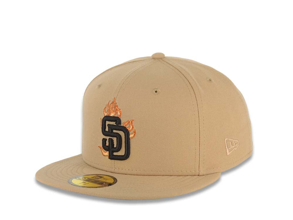San Diego Padres New Era MLB 59FIFTY 5950 Fitted Cap Hat Khaki Crown/Visor Black Fire/Flame Logo 1992 All-Star Game Side Patch Gray UV