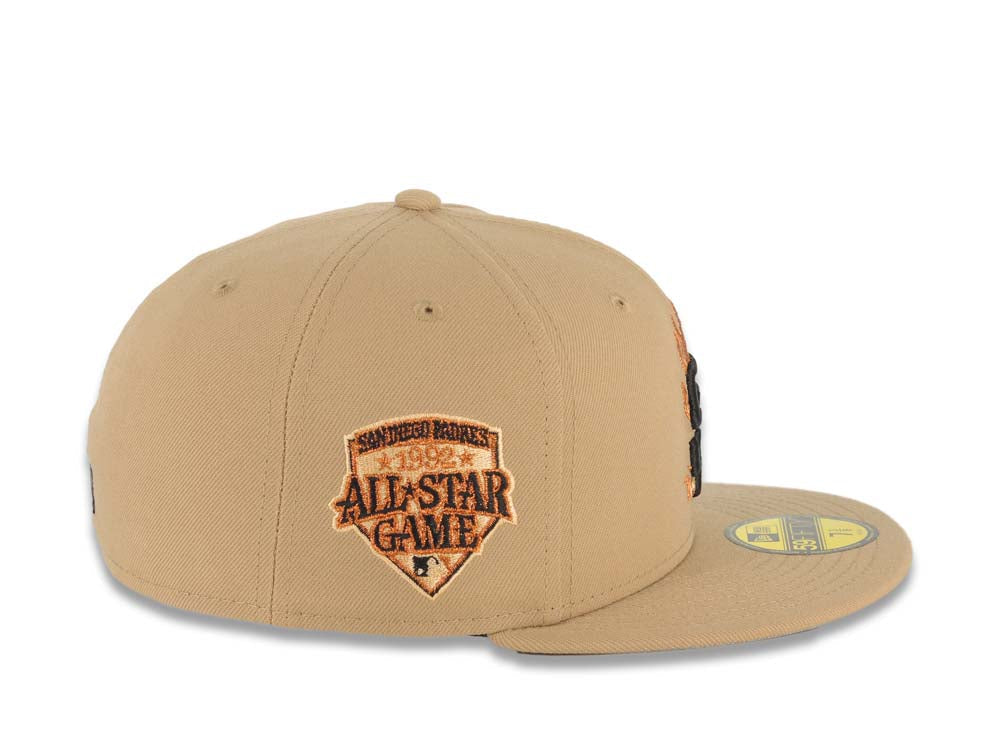 San Diego Padres New Era MLB 59FIFTY 5950 Fitted Cap Hat Khaki Crown/Visor Black Fire/Flame Logo 1992 All-Star Game Side Patch Gray UV