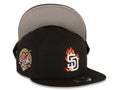 San Diego Padres New Era MLB 9FIFTY 950 Snapback Cap Hat Black Crown/Visor White Fire/Flame Logo 40th Anniversary Side Patch Gray UV