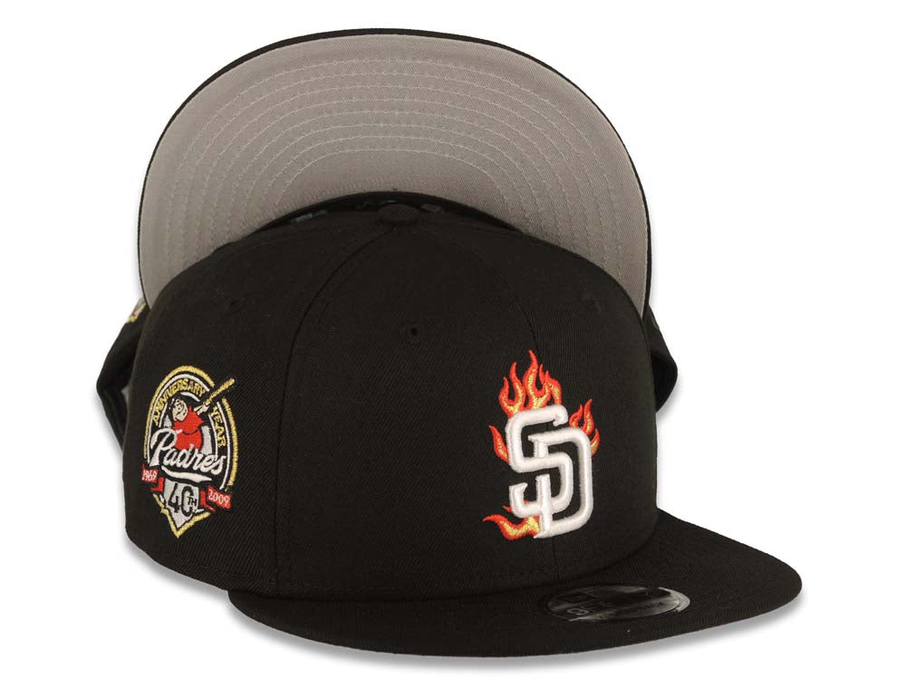 San Diego Padres New Era MLB 9FIFTY 950 Snapback Cap Hat Black Crown/Visor White Fire/Flame Logo 40th Anniversary Side Patch Gray UV