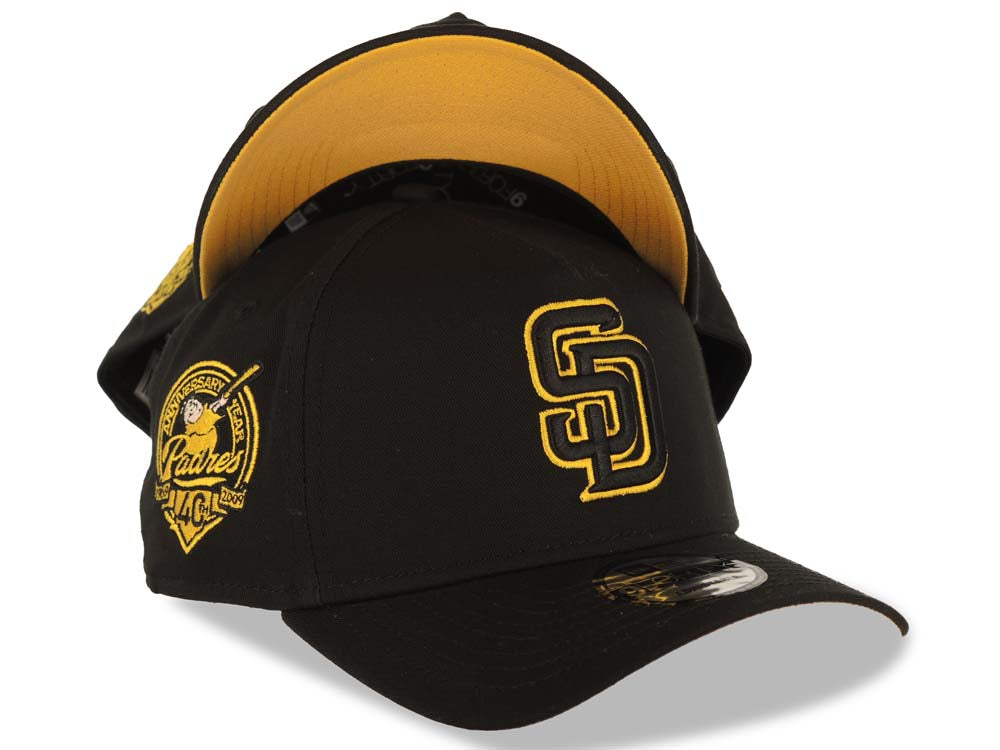 San Diego Padres New Era MLB 9FORTY 940 Adjustable A-Frame Cap Hat Black Crown/Visor Black/Yellow Logo 40th Anniversary Side Patch