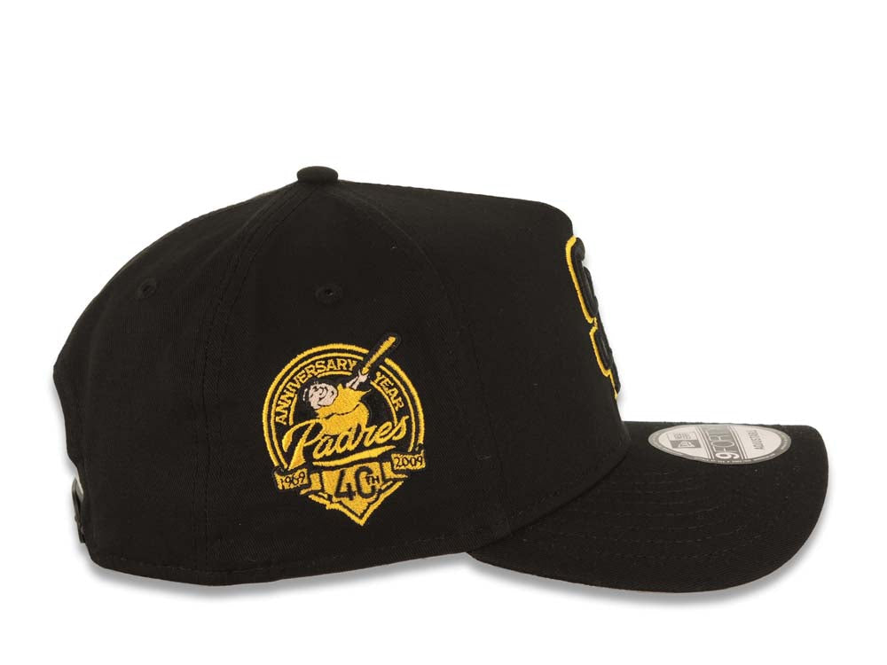 San Diego Padres New Era MLB 9FORTY 940 Adjustable A-Frame Cap Hat Black Crown/Visor Black/Yellow Logo 40th Anniversary Side Patch