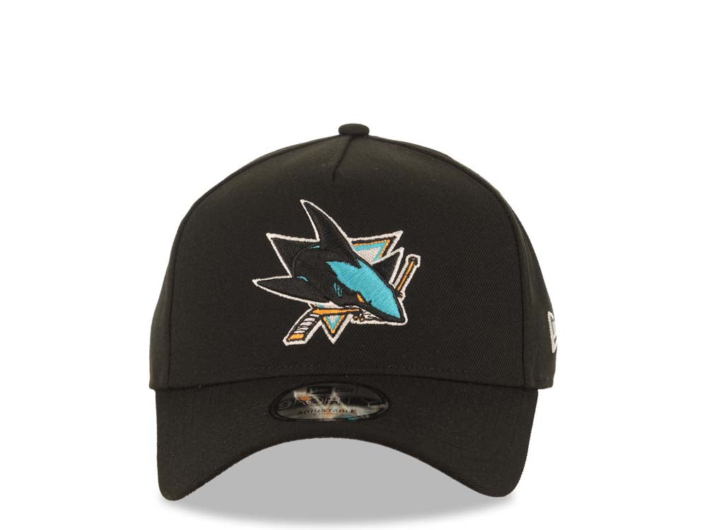 San Jose Sharks New Era NHL 9FORTY 940 Adjustable A-Frame Cap Hat Black Crown/Visor Team Color Logo Gray UV