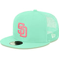 (City Connect) San Diego Padres New Era MLB 9FIFTY 950 Snapback Trucker/Mesh Cap Hat Teal Crown/Visor Magenta Logo