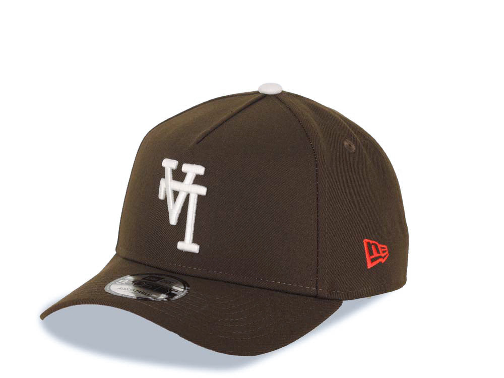 Los Angeles Dodgers New Era MLB 9FORTY 940 Adjustable A-Frame Cap Hat Brown Crown/Visor White Upside Down Logo 100th Anniversary Side Patch Pink UV