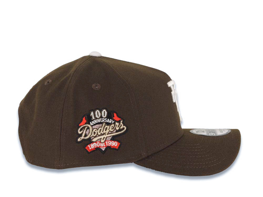 Los Angeles Dodgers New Era MLB 9FORTY 940 Adjustable A-Frame Cap Hat Brown Crown/Visor White Upside Down Logo 100th Anniversary Side Patch Pink UV