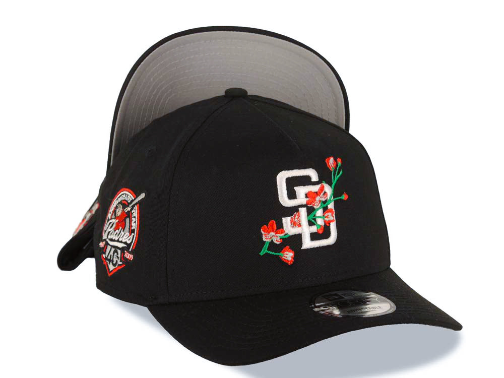 San Diego Padres New Era MLB 9FORTY 940 Adjustable A-Frame Cap Hat Black Crown/Visor White/Red With Rose Logo 40th Anniversary Side Patch Gray UV