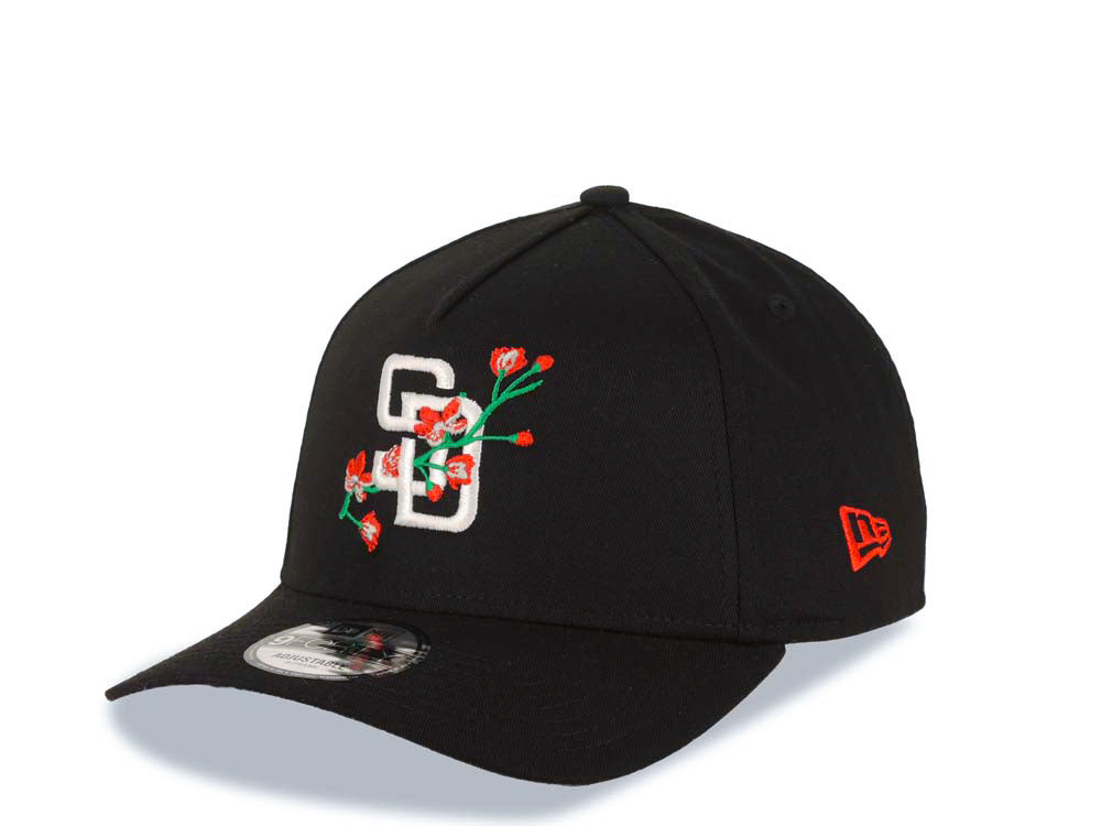 San Diego Padres New Era MLB 9FORTY 940 Adjustable A-Frame Cap Hat Black Crown/Visor White/Red With Rose Logo 40th Anniversary Side Patch Gray UV