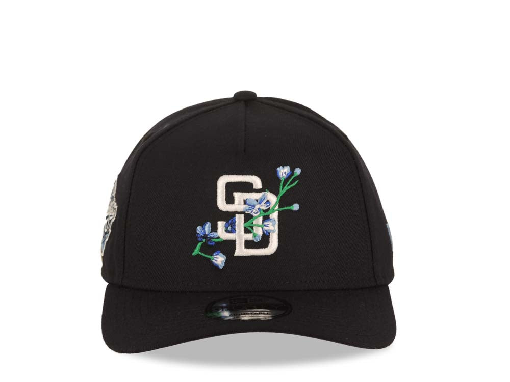 San Diego Padres New Era MLB 9FORTY 940 Adjustable A-Frame Cap Hat Navy Blue Crown/Visor White/Sky Blue With Rose Logo 1998 World Series Side Patch Gray UV