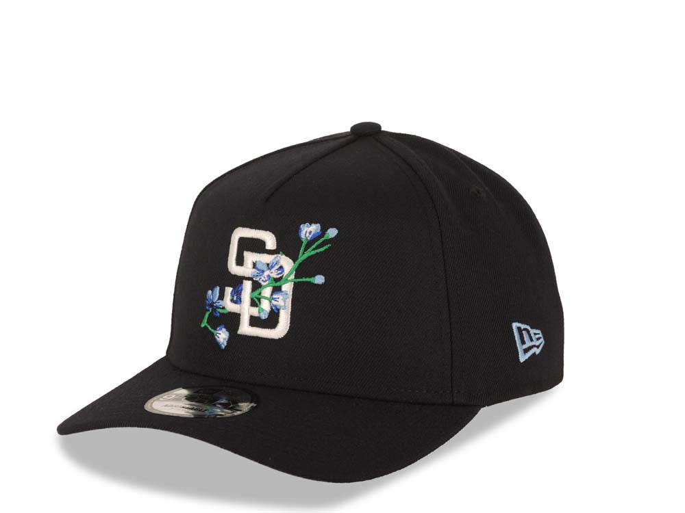 San Diego Padres New Era MLB 9FORTY 940 Adjustable A-Frame Cap Hat Navy Blue Crown/Visor White/Sky Blue With Rose Logo 1998 World Series Side Patch Gray UV