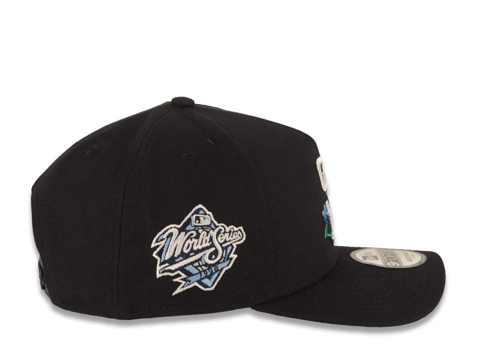 San Diego Padres New Era MLB 9FORTY 940 Adjustable A-Frame Cap Hat Navy Blue Crown/Visor White/Sky Blue With Rose Logo 1998 World Series Side Patch Gray UV