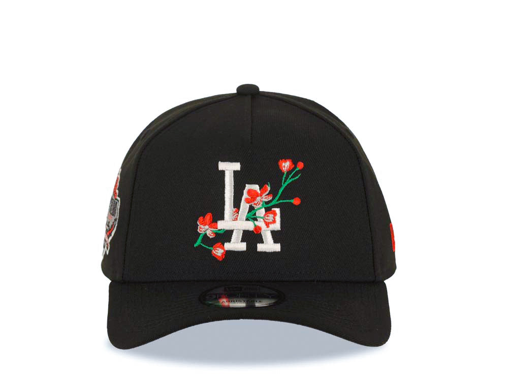 Los Angeles Dodgers New Era MLB 9FORTY 940 Adjustable A-Frame Cap Hat Black Crown/Visor White/Red With Rose Logo Stadium Side Patch Gray UV