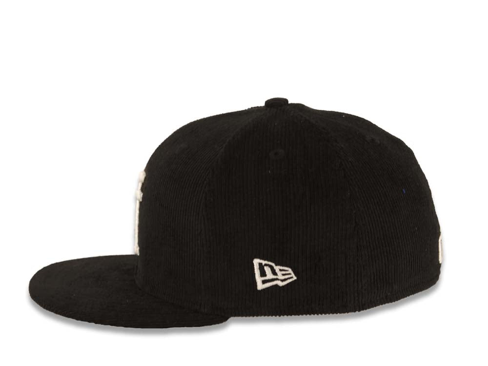 (Corduroy) Los Angeles Dodgers New Era MLB 59FIFTY 5950 Fitted Cap Hat Black Crown/Visor White Upside Down Logo Black UV