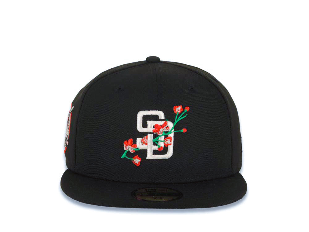 San Diego Padres New Era MLB 59FIFTY 5950 Fitted Cap Hat Black Crown/Visor White/Red With Rose Logo 40th Anniversary Side Patch Gray UV