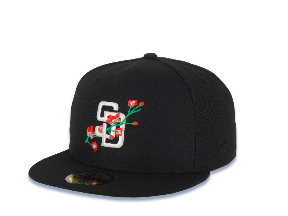 San Diego Padres New Era MLB 59FIFTY 5950 Fitted Cap Hat Black Crown/Visor White/Red With Rose Logo 40th Anniversary Side Patch Gray UV