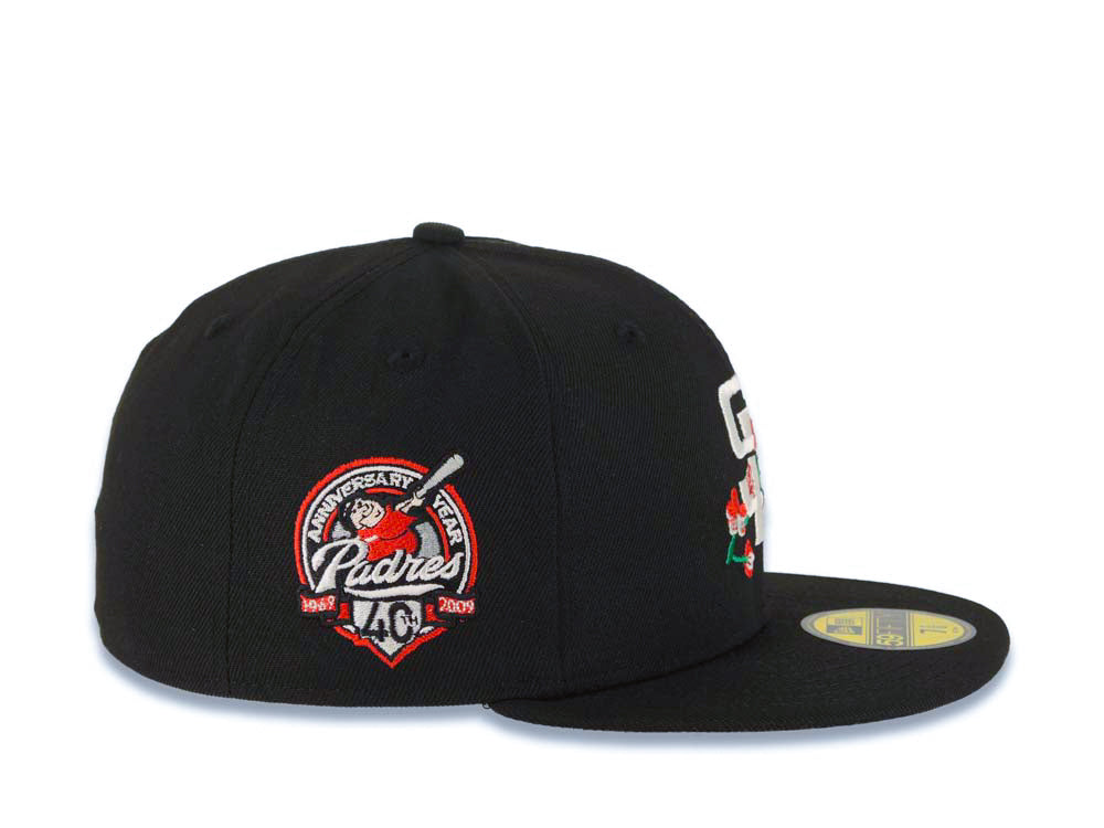 San Diego Padres New Era MLB 59FIFTY 5950 Fitted Cap Hat Black Crown/Visor White/Red With Rose Logo 40th Anniversary Side Patch Gray UV