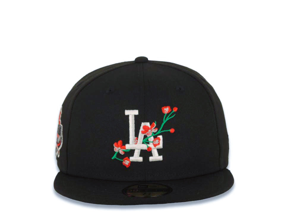 Los Angeles Dodgers New Era MLB 59FIFTY 5950 Fitted Cap Hat Black Crown/Visor White/Red With Rose Logo 40th Anniversary Side Patch Gray UV