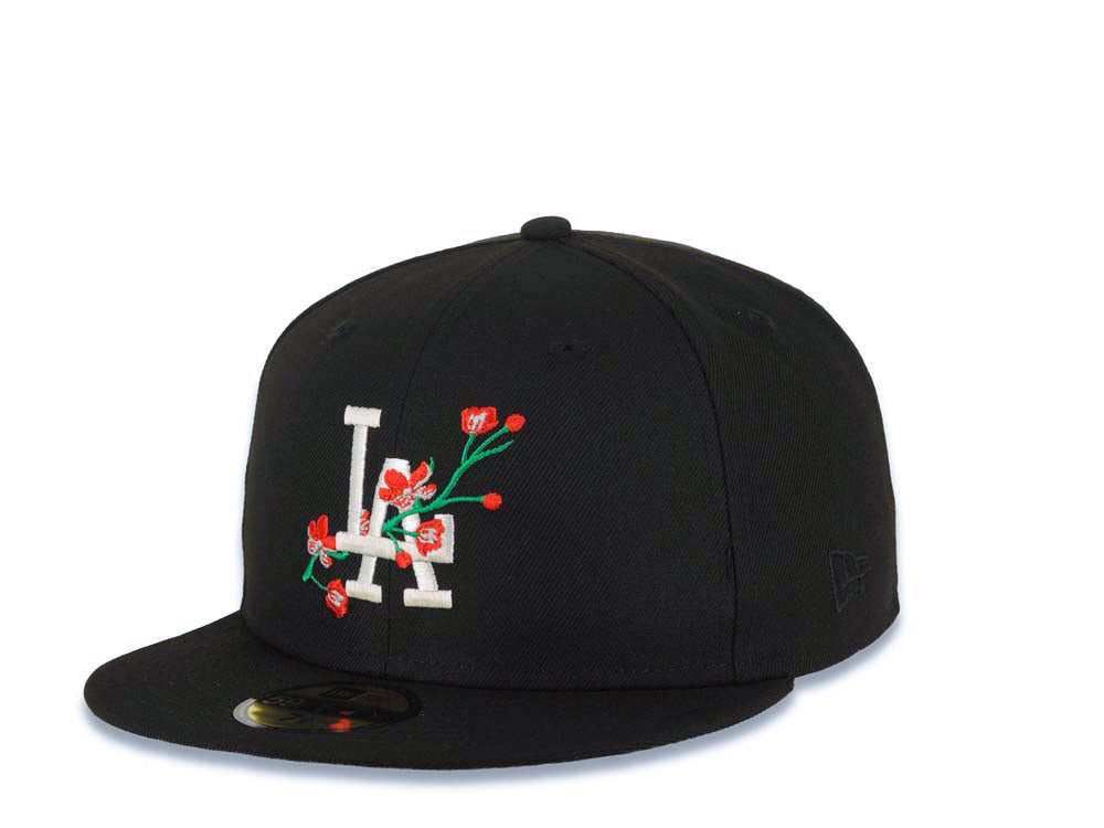 Los Angeles Dodgers New Era MLB 59FIFTY 5950 Fitted Cap Hat Black Crown/Visor White/Red With Rose Logo 40th Anniversary Side Patch Gray UV