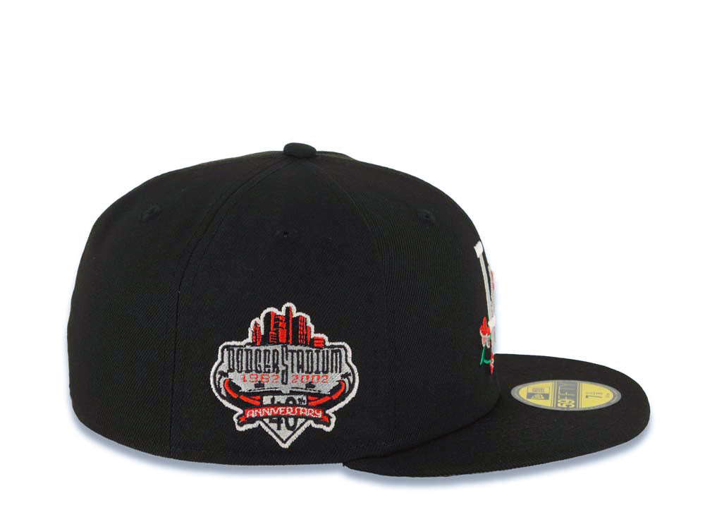 Los Angeles Dodgers New Era MLB 59FIFTY 5950 Fitted Cap Hat Black Crown/Visor White/Red With Rose Logo 40th Anniversary Side Patch Gray UV