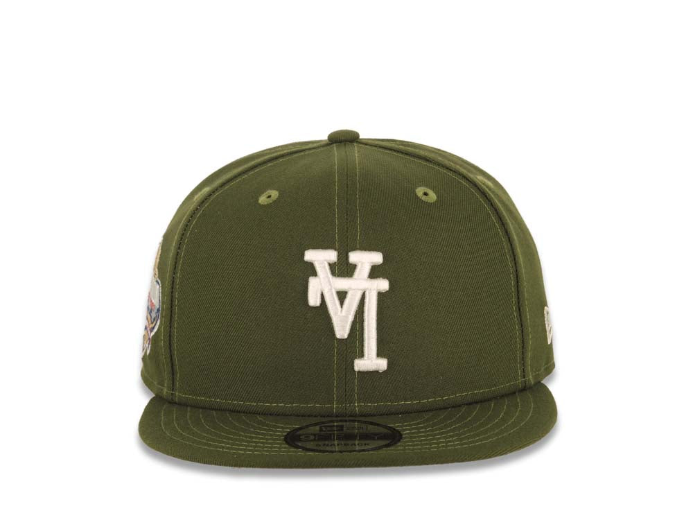 Los Angeles Dodgers New Era MLB 9FIFTY 950 Snapback Cap Hat Olive Green Crown/Visor White Upside Down Logo 40th Anniversary Stadium Side Patch Gray UV