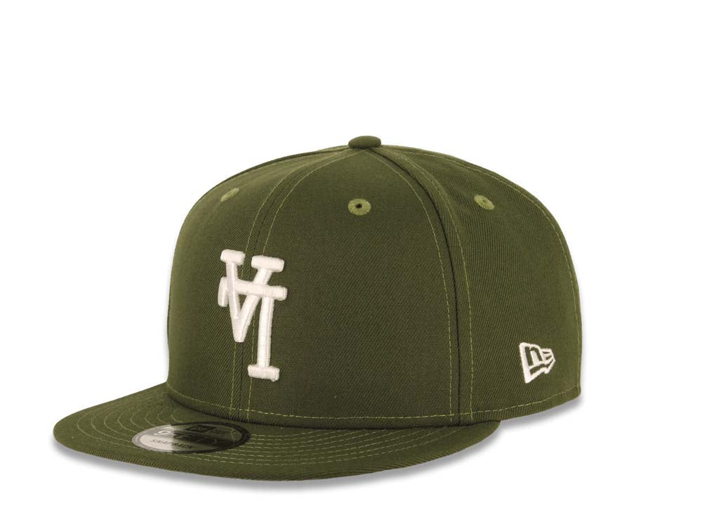 Los Angeles Dodgers New Era MLB 9FIFTY 950 Snapback Cap Hat Olive Green Crown/Visor White Upside Down Logo 40th Anniversary Stadium Side Patch Gray UV