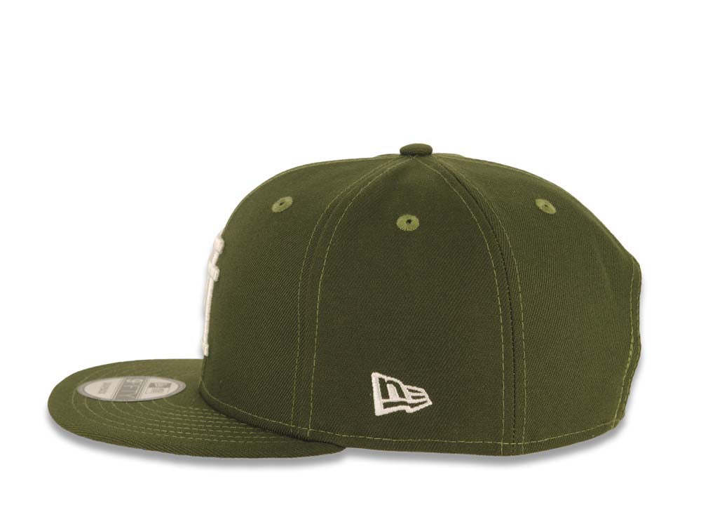 Los Angeles Dodgers New Era MLB 9FIFTY 950 Snapback Cap Hat Olive Green Crown/Visor White Upside Down Logo 40th Anniversary Stadium Side Patch Gray UV