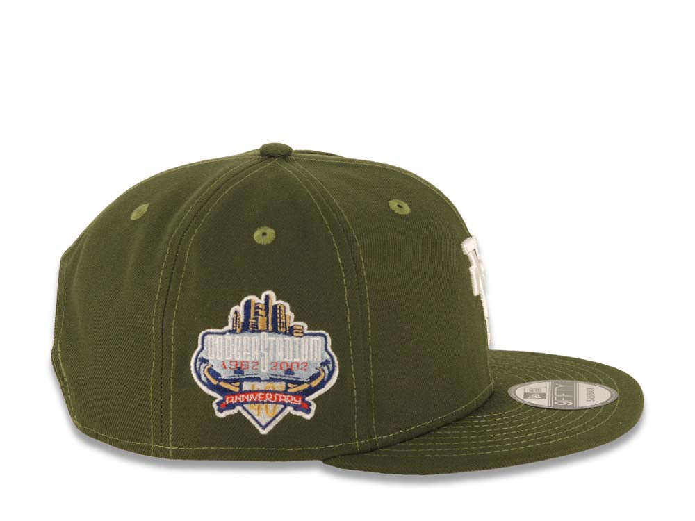 Los Angeles Dodgers New Era MLB 9FIFTY 950 Snapback Cap Hat Olive Green Crown/Visor White Upside Down Logo 40th Anniversary Stadium Side Patch Gray UV