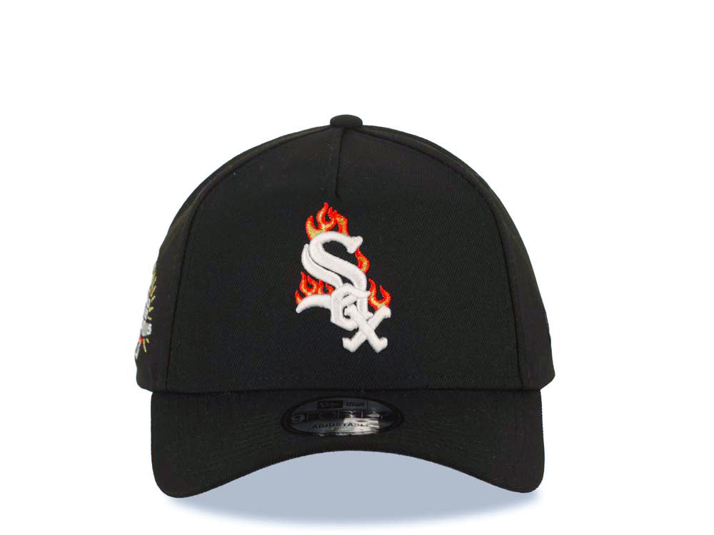 Chicago White Sox New Era MLB 9FORTY 940 Adjustable A-Frame Cap Hat Black Crown/Visor White with Fire/Flame Logo World Series Champions Side Patch