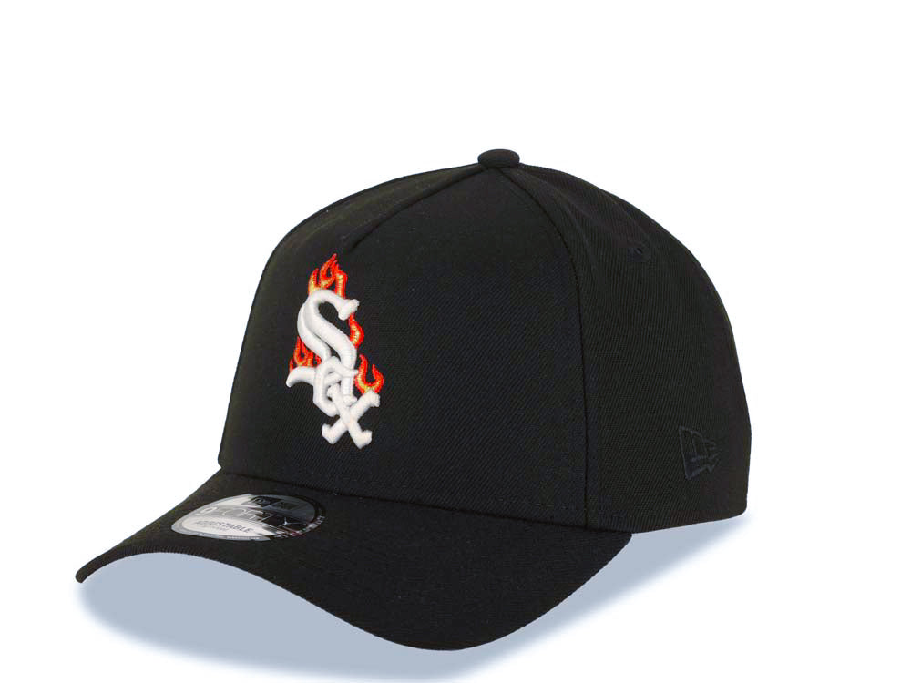 Chicago White Sox New Era MLB 9FORTY 940 Adjustable A-Frame Cap Hat Black Crown/Visor White with Fire/Flame Logo World Series Champions Side Patch
