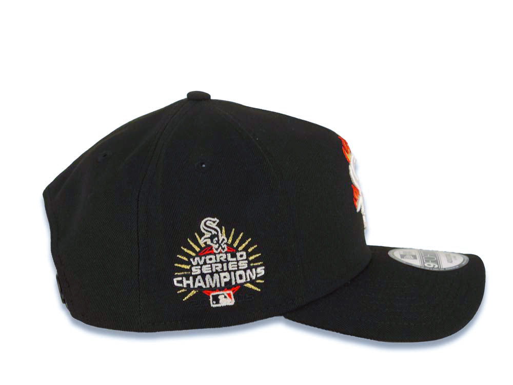 Chicago White Sox New Era MLB 9FORTY 940 Adjustable A-Frame Cap Hat Black Crown/Visor White with Fire/Flame Logo World Series Champions Side Patch