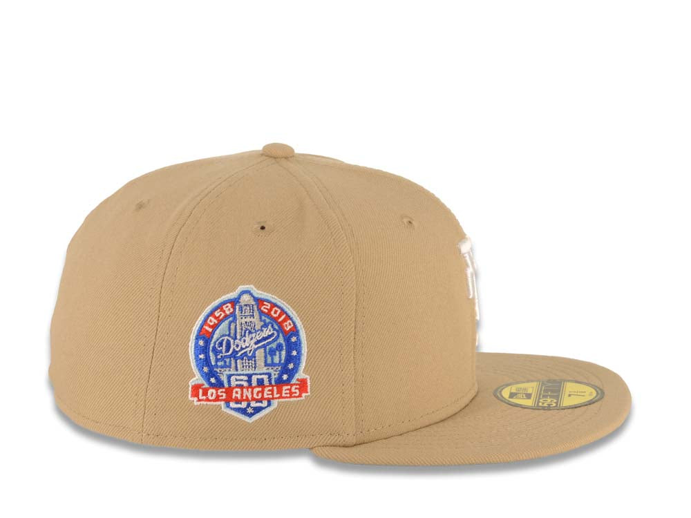 Los Angeles Dodgers New Era MLB 59FIFTY 5950 Fitted Cap Hat Khaki Crown/Visor White Upside Down Logo 60th Anniversary Side Patch Gray UV