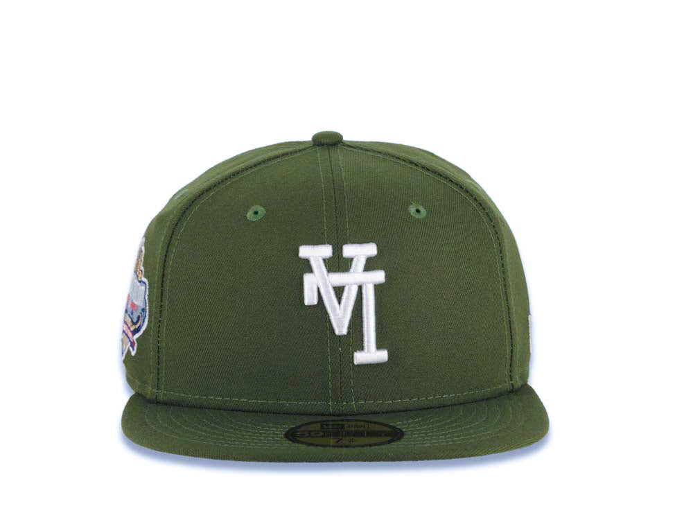 Los Angeles Dodgers New Era MLB 59FIFTY 5950 Fitted Cap Hat Olive Green Crown/Visor White Upside Down Logo 40th Anniversary Stadium Side Patch Gray UV