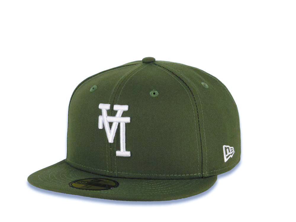 Los Angeles Dodgers New Era MLB 59FIFTY 5950 Fitted Cap Hat Olive Green Crown/Visor White Upside Down Logo 40th Anniversary Stadium Side Patch Gray UV