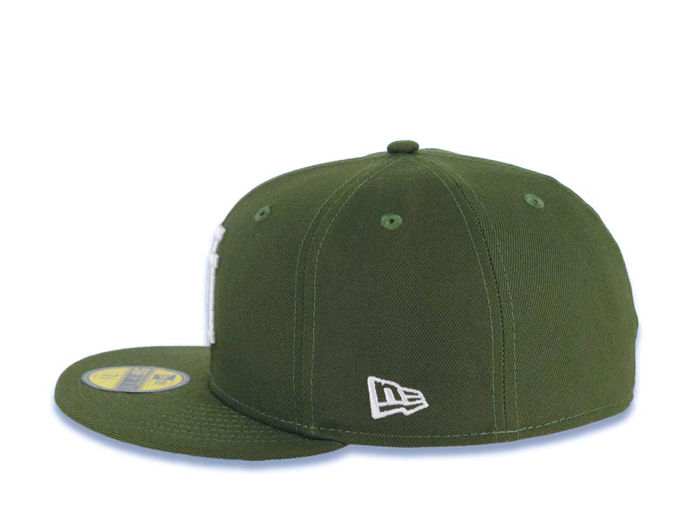 Los Angeles Dodgers New Era MLB 59FIFTY 5950 Fitted Cap Hat Olive Green Crown/Visor White Upside Down Logo 40th Anniversary Stadium Side Patch Gray UV