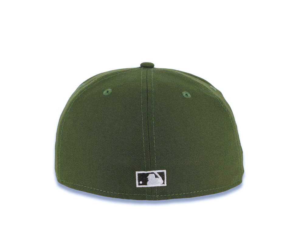 Los Angeles Dodgers New Era MLB 59FIFTY 5950 Fitted Cap Hat Olive Green Crown/Visor White Upside Down Logo 40th Anniversary Stadium Side Patch Gray UV