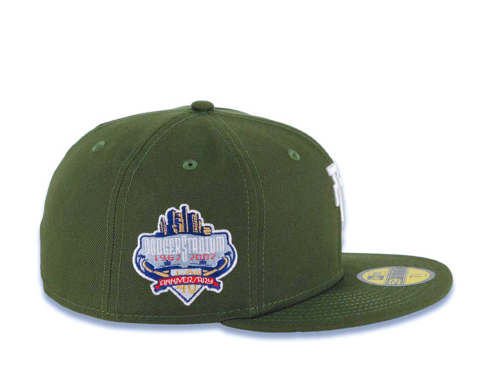 Los Angeles Dodgers New Era MLB 59FIFTY 5950 Fitted Cap Hat Olive Green Crown/Visor White Upside Down Logo 40th Anniversary Stadium Side Patch Gray UV