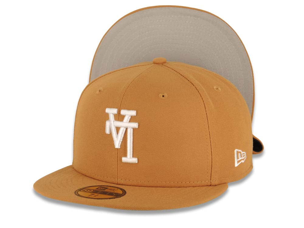 Los Angeles Dodgers New Era MLB 59FIFTY 5950 Fitted Cap Hat Light Brown Crown/Visor White Upside Down Logo Gray UV