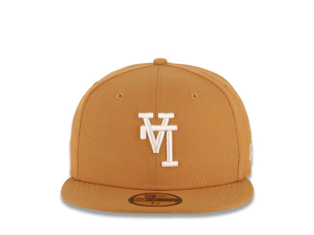 Los Angeles Dodgers New Era MLB 59FIFTY 5950 Fitted Cap Hat Light Brown Crown/Visor White Upside Down Logo Gray UV