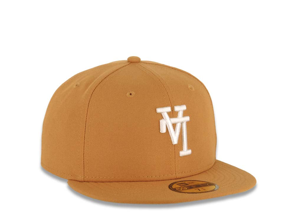 Los Angeles Dodgers New Era MLB 59FIFTY 5950 Fitted Cap Hat Light Brown Crown/Visor White Upside Down Logo Gray UV