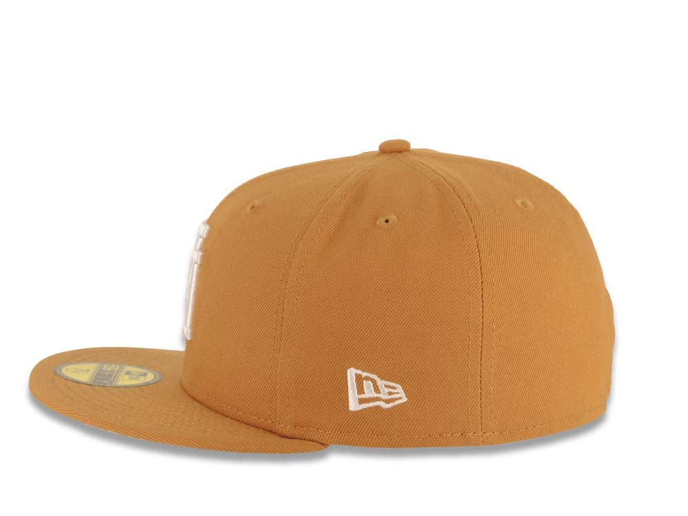 Los Angeles Dodgers New Era MLB 59FIFTY 5950 Fitted Cap Hat Light Brown Crown/Visor White Upside Down Logo Gray UV