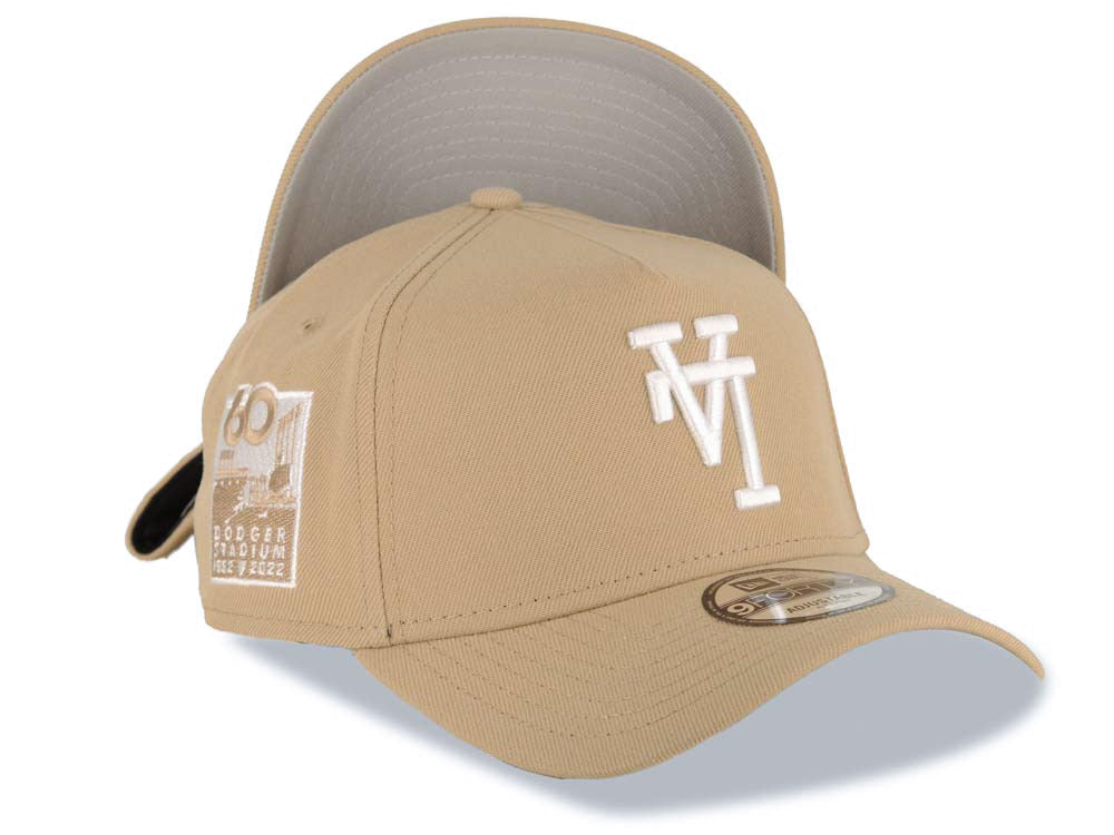 Los Angeles Dodgers New Era MLB 9FORTY 940 Adjustable A-Frame Cap Hat Khaki Crown/Visor White Upside Down Logo 60th Stadium Side Patch Gray UV