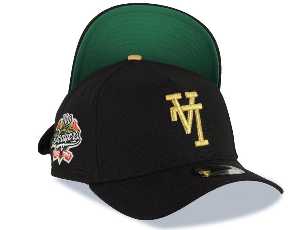 Los Angeles Dodgers New Era MLB 9FORTY 940 Adjustable A-Frame Cap Hat Black Crown/Visor Metallic Gold Upside Down Logo 100th Anniversary Green UV