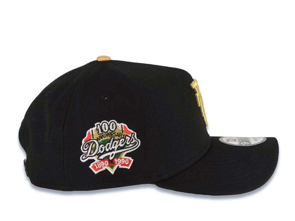 Los Angeles Dodgers New Era MLB 9FORTY 940 Adjustable A-Frame Cap Hat Black Crown/Visor Metallic Gold Upside Down Logo 100th Anniversary Green UV