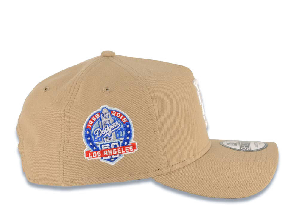 Los Angeles Dodgers New Era MLB 9FORTY 940 Adjustable A-Frame Cap Hat Khaki Crown/Visor White Upside Down Logo 60th Anniversary Side Patch Gray UV