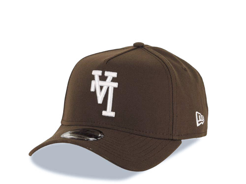 Los Angeles Dodgers New Era MLB 9FORTY 940 Adjustable A-Frame Cap Hat Brown Crown/Visor White Upside Down Logo Stadium Side Patch Gray UV