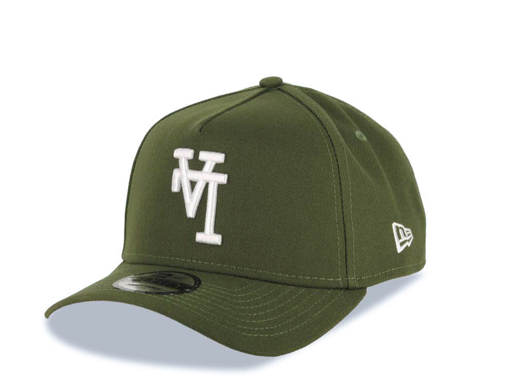 Los Angeles Dodgers New Era MLB 9FORTY 940 Adjustable A-Frame Cap Hat Olive Green Crown/Visor White Upside Down Logo Stadium Side Patch Gray UV