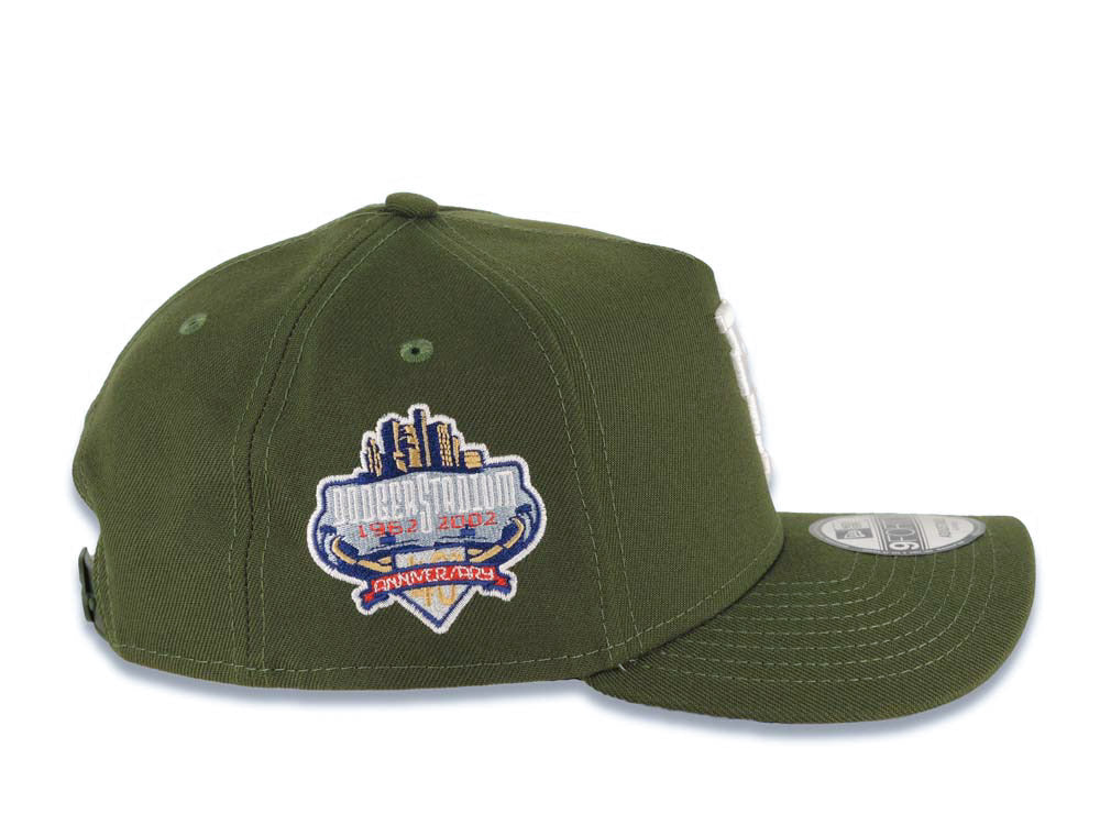 Los Angeles Dodgers New Era MLB 9FORTY 940 Adjustable A-Frame Cap Hat Olive Green Crown/Visor White Upside Down Logo Stadium Side Patch Gray UV