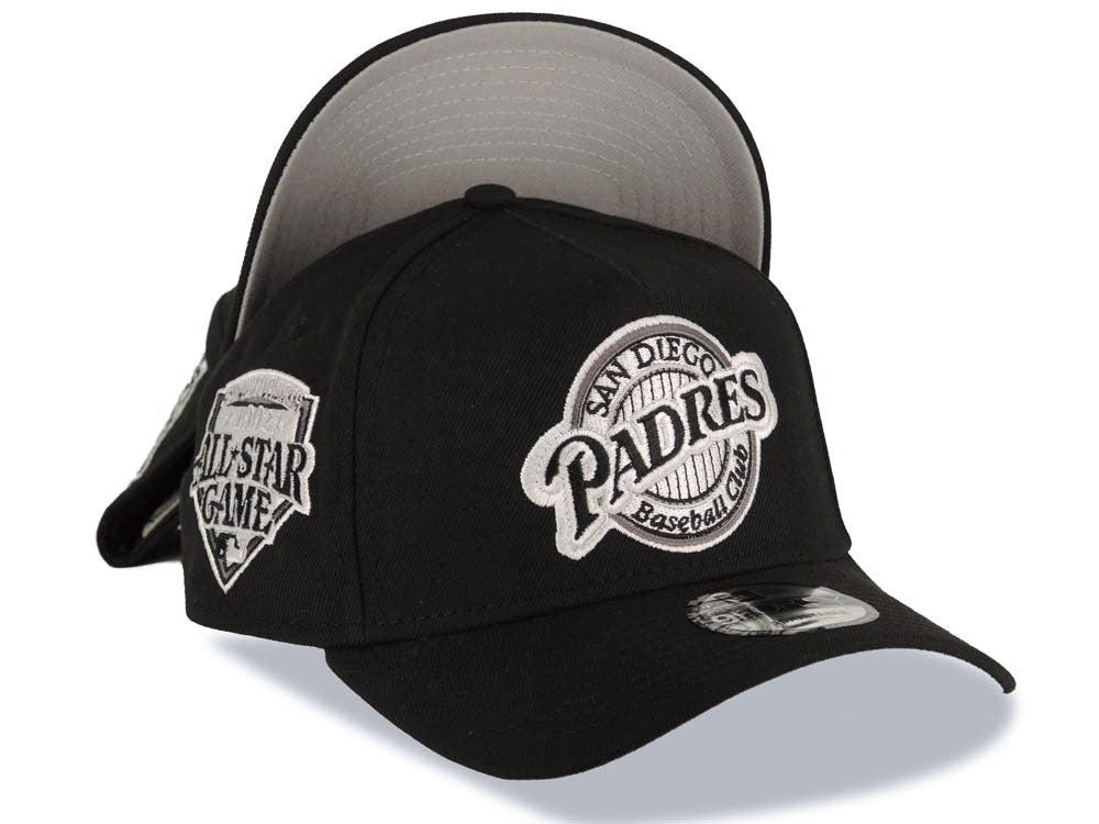 San Diego Padres New Era MLB 9FORTY 940 Adjustable A-Frame Cap Hat Black Crown/Visor Black/Gray/White Baseball Club Logo 1992 All-Star Game Patch
