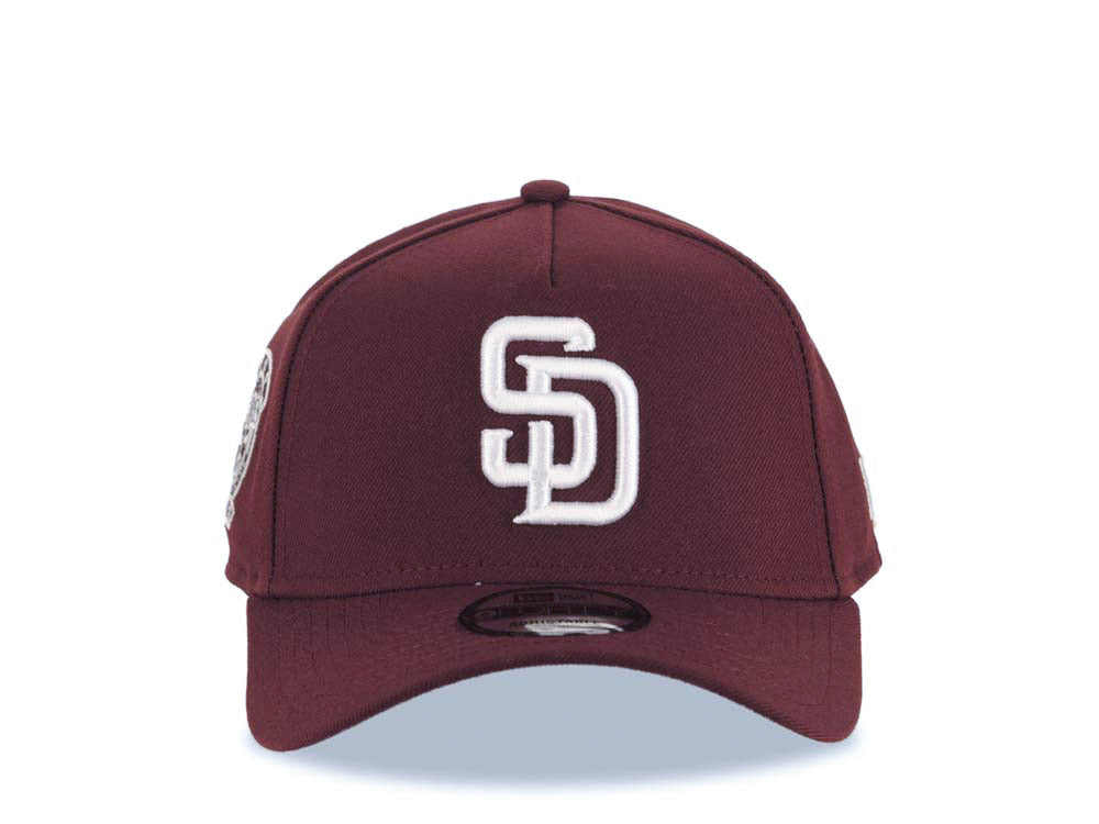 San Diego Padres New Era MLB 9FORTY 940 Adjustable A-Frame Cap Hat Maroon Crown/Visor White Logo 25th Anniversary Side Patch Gray UV